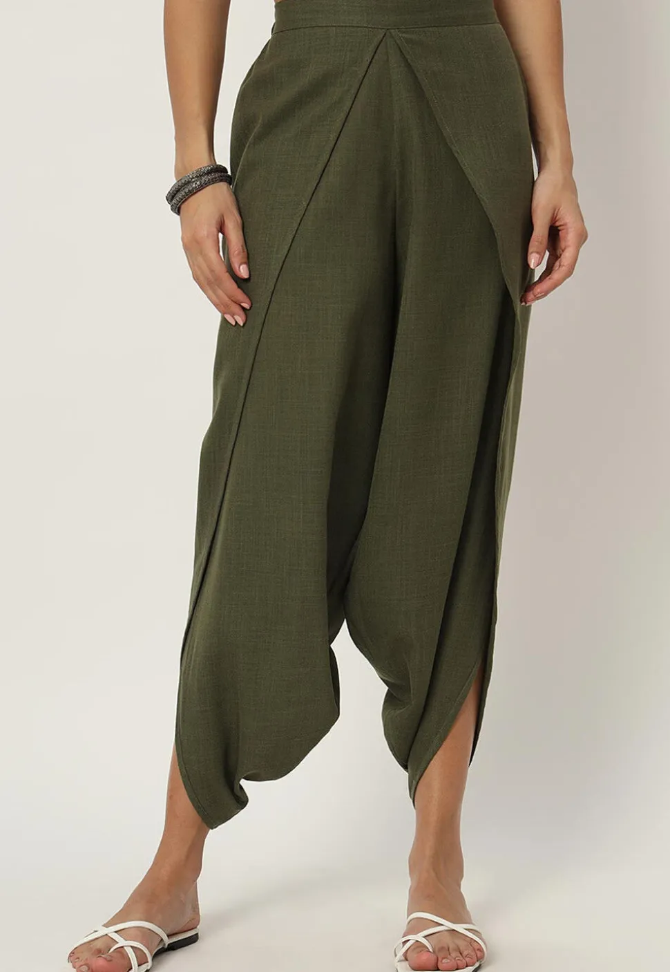 Solid Color Cotton Flex Dhoti Pant in Olive Green