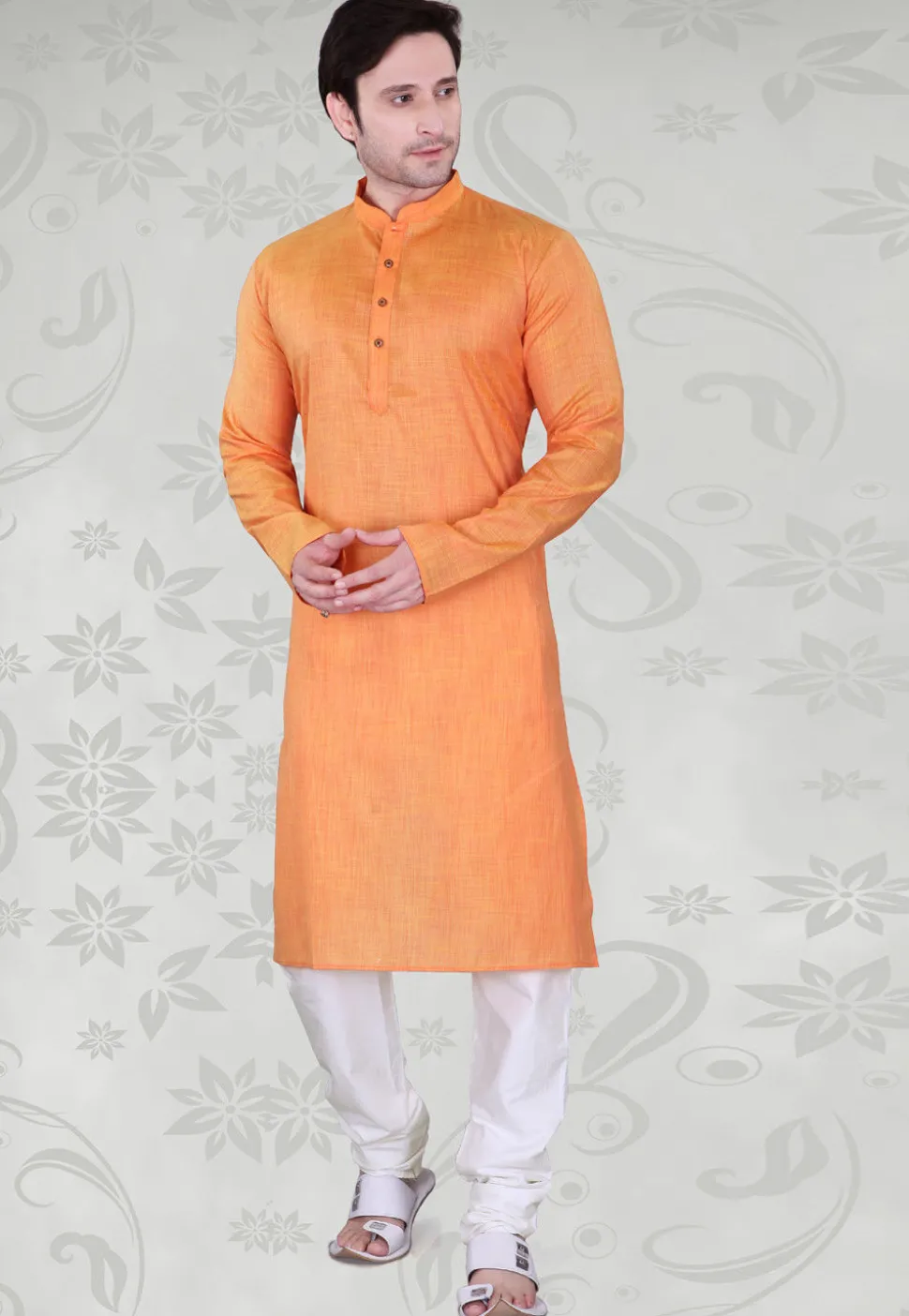 Solid Color Cotton Kurta Set in Orange