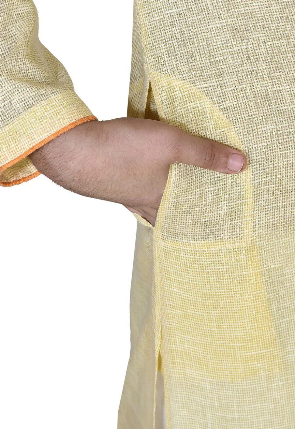 Solid Color Cotton Kurta Set in Yellow