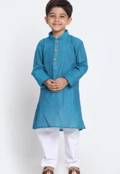Solid Color Cotton Kurta Set in Blue