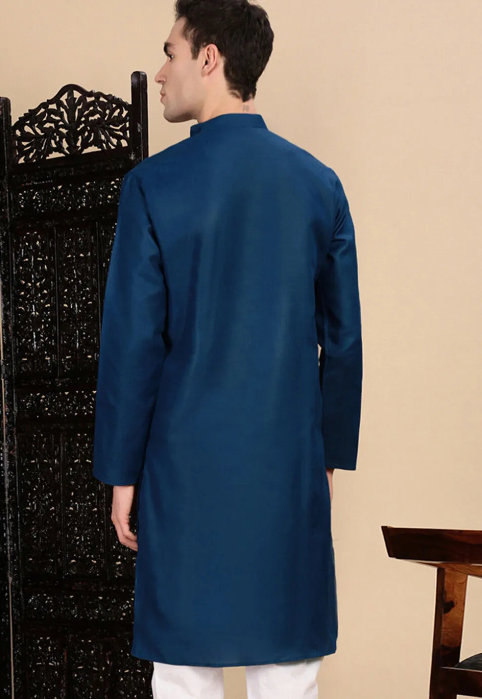 Solid Color Cotton Kurta in Blue
