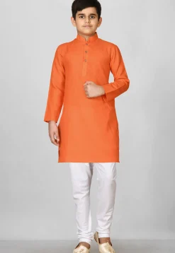 Solid Color Cotton Kurta in Orange