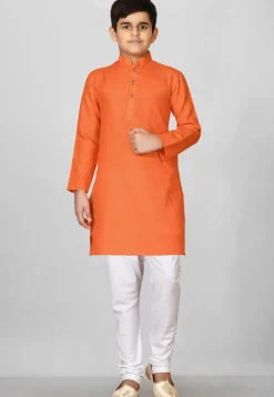 Solid Color Cotton Kurta Set in Orange