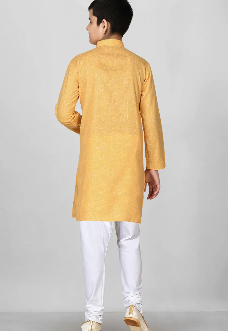 Solid Color Cotton Kurta Set in Mustard