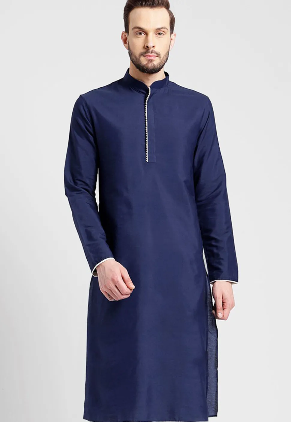 Solid Color Cotton Kurta in Navy Blue