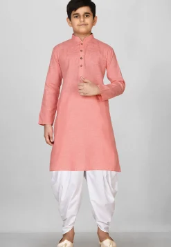 Solid Color Cotton Kurta Set in Peach