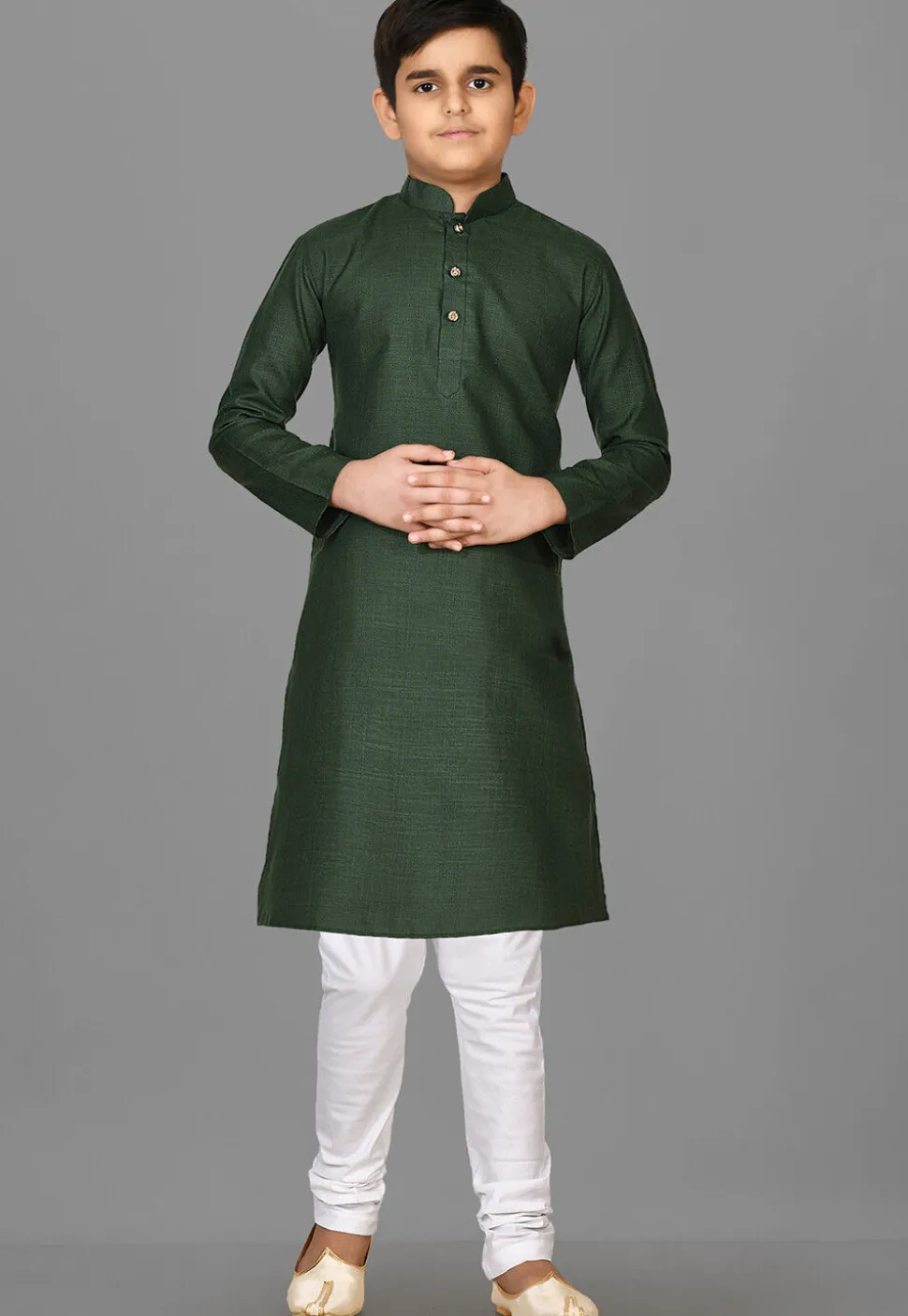 Solid Color Cotton Kurta in Dark Green
