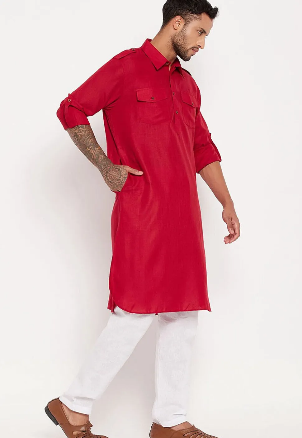 Solid Color Cotton Kurta Set in Fuchsia