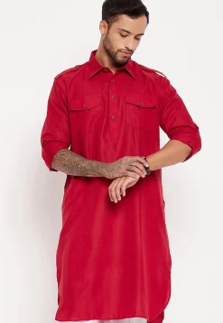 Solid Color Cotton Kurta Set in Fuchsia