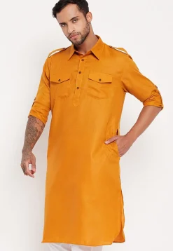 Solid Color Cotton Kurta Set in Mustard