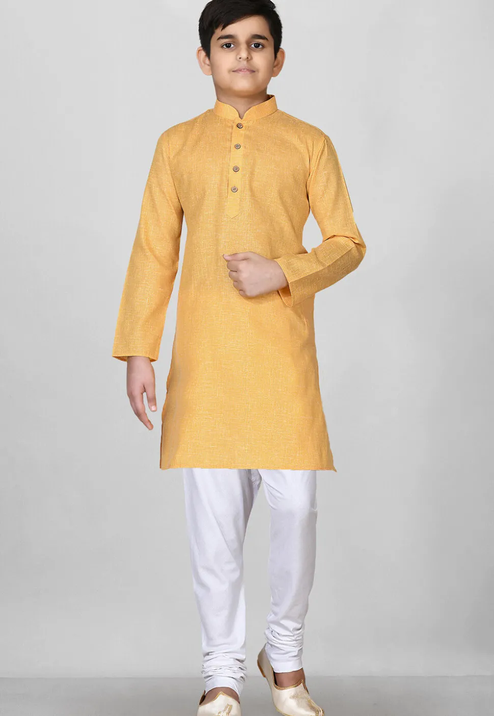 Solid Color Cotton Kurta in Mustard