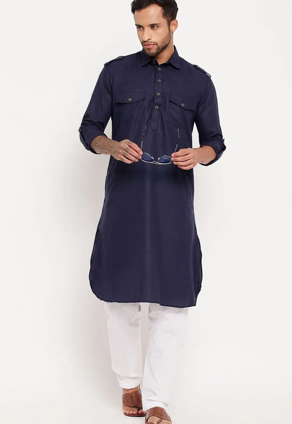 Solid Color Cotton Kurta Set in Navy Blue