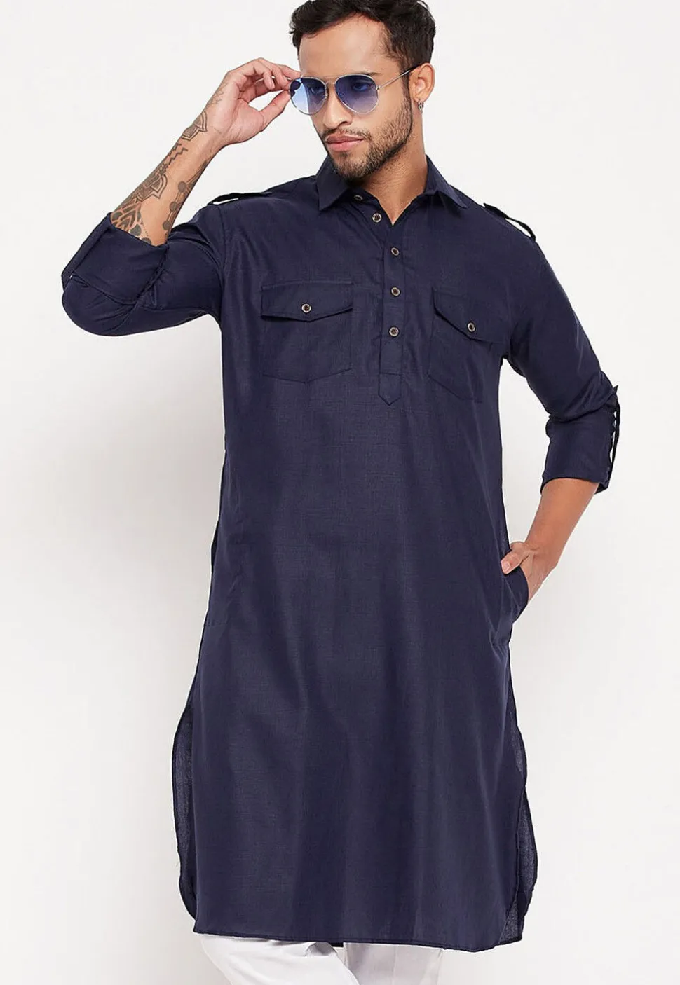 Solid Color Cotton Kurta Set in Navy Blue