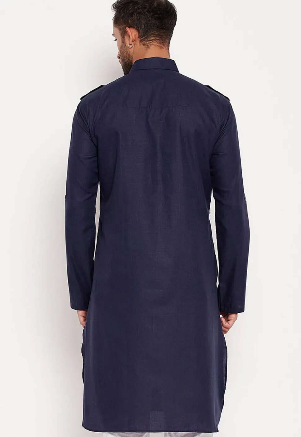 Solid Color Cotton Kurta Set in Navy Blue