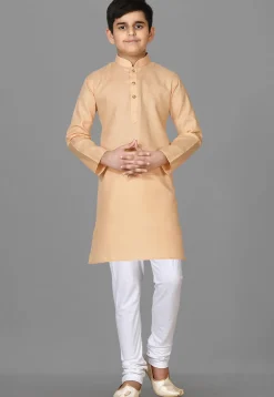 Solid Color Cotton Kurta Set in Beige