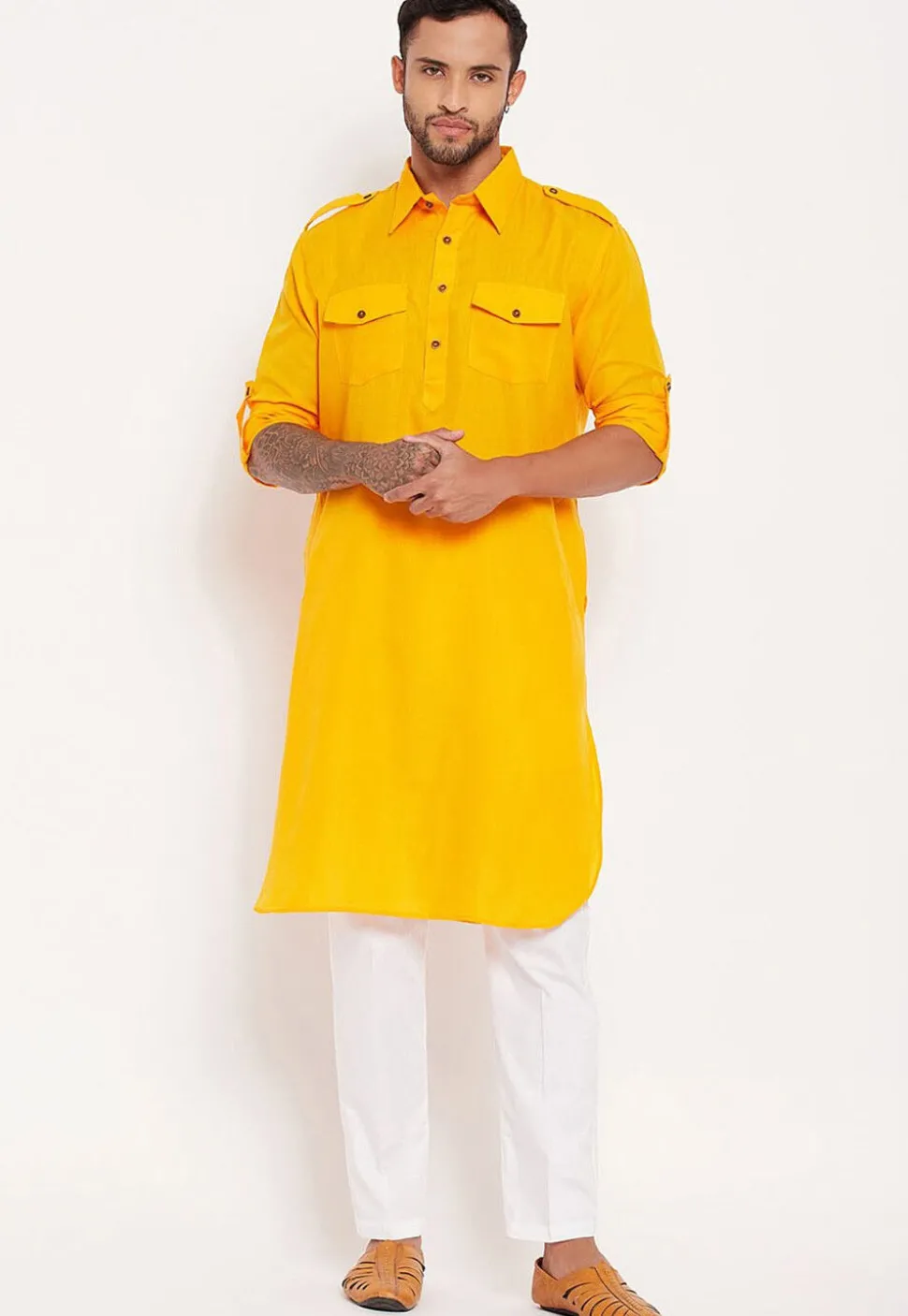 Solid Color Cotton Kurta Set in Yellow