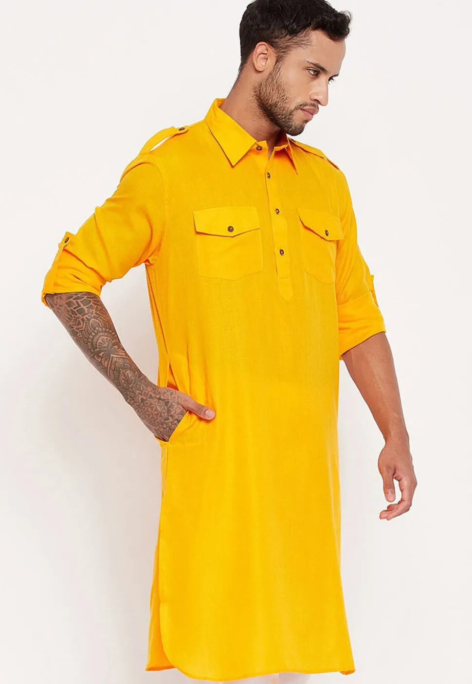 Solid Color Cotton Kurta Set in Yellow