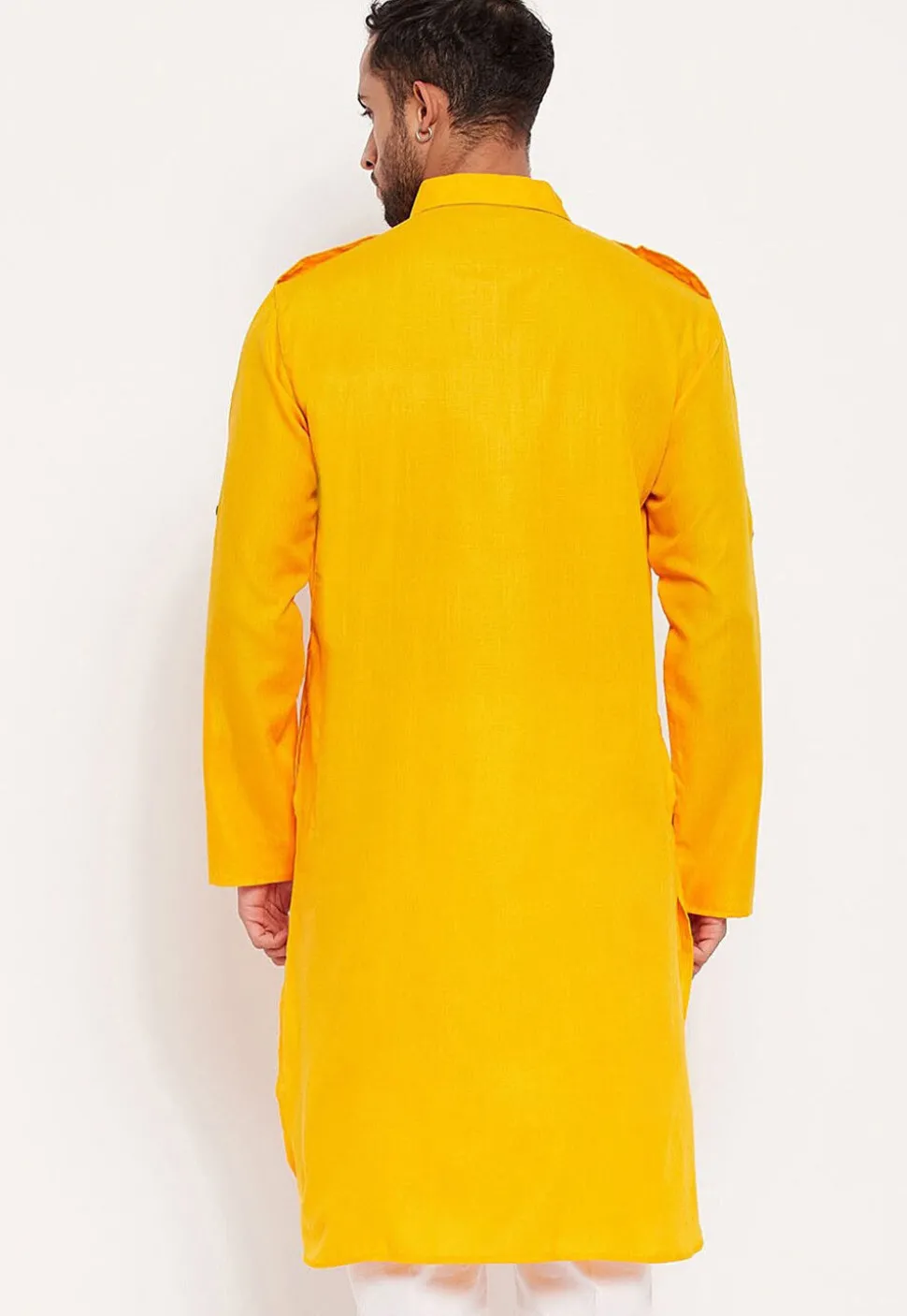 Solid Color Cotton Kurta Set in Yellow