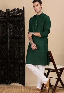 Solid Color Cotton Kurta in Dark Green