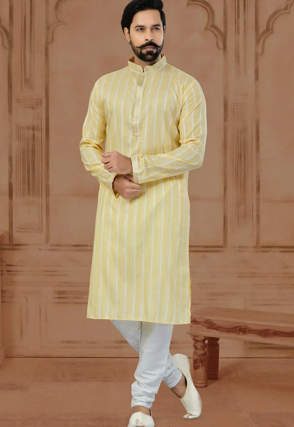Solid Color Cotton Kurta Set in Yellow