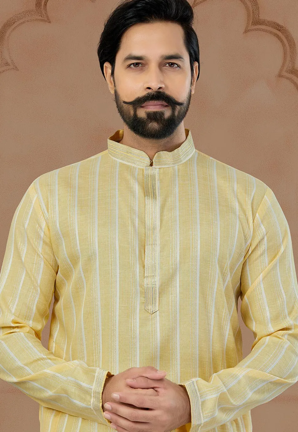 Solid Color Cotton Kurta Set in Yellow