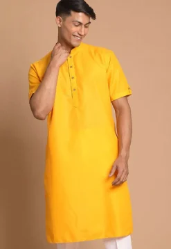 Solid Color Cotton Kurta in Yellow