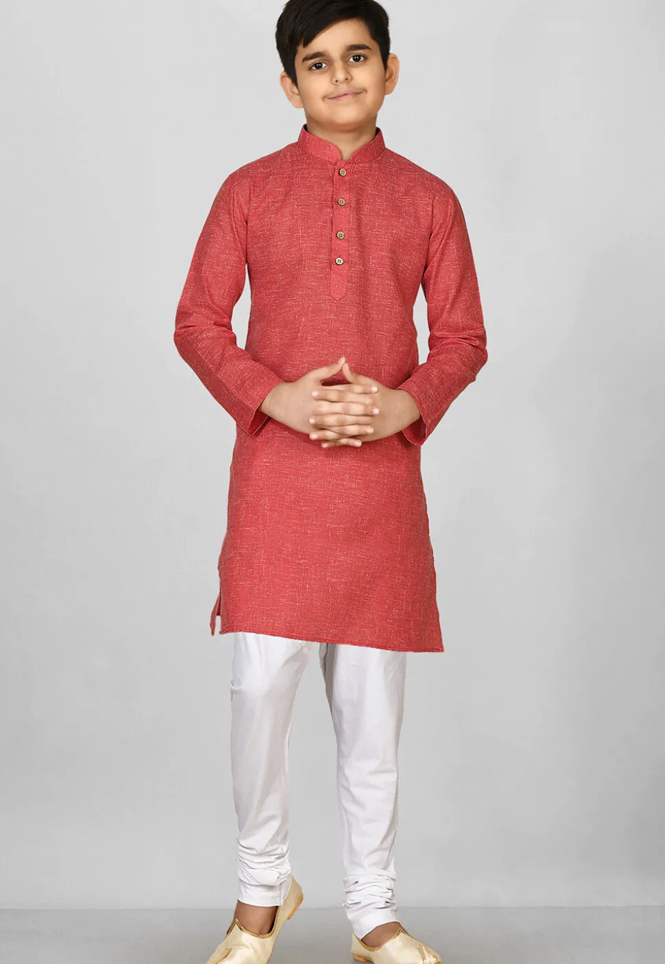 Solid Color Cotton Kurta Set in Red