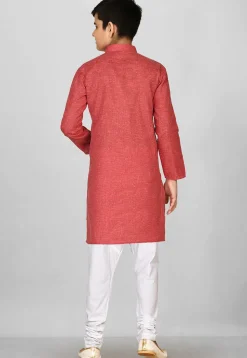 Solid Color Cotton Kurta Set in Red