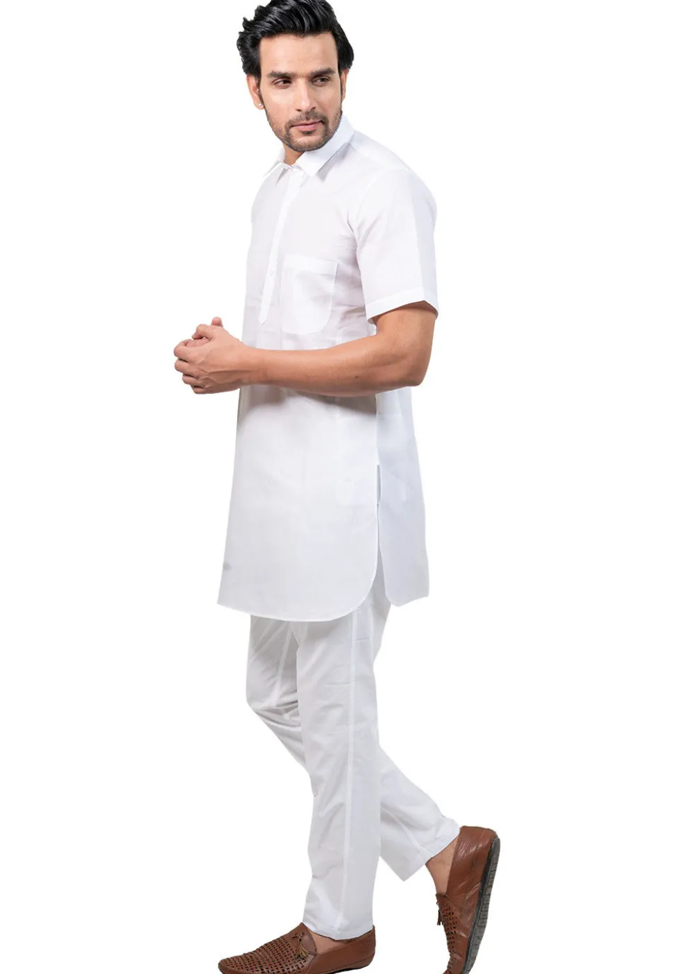 Solid Color Cotton Kurta Set in White