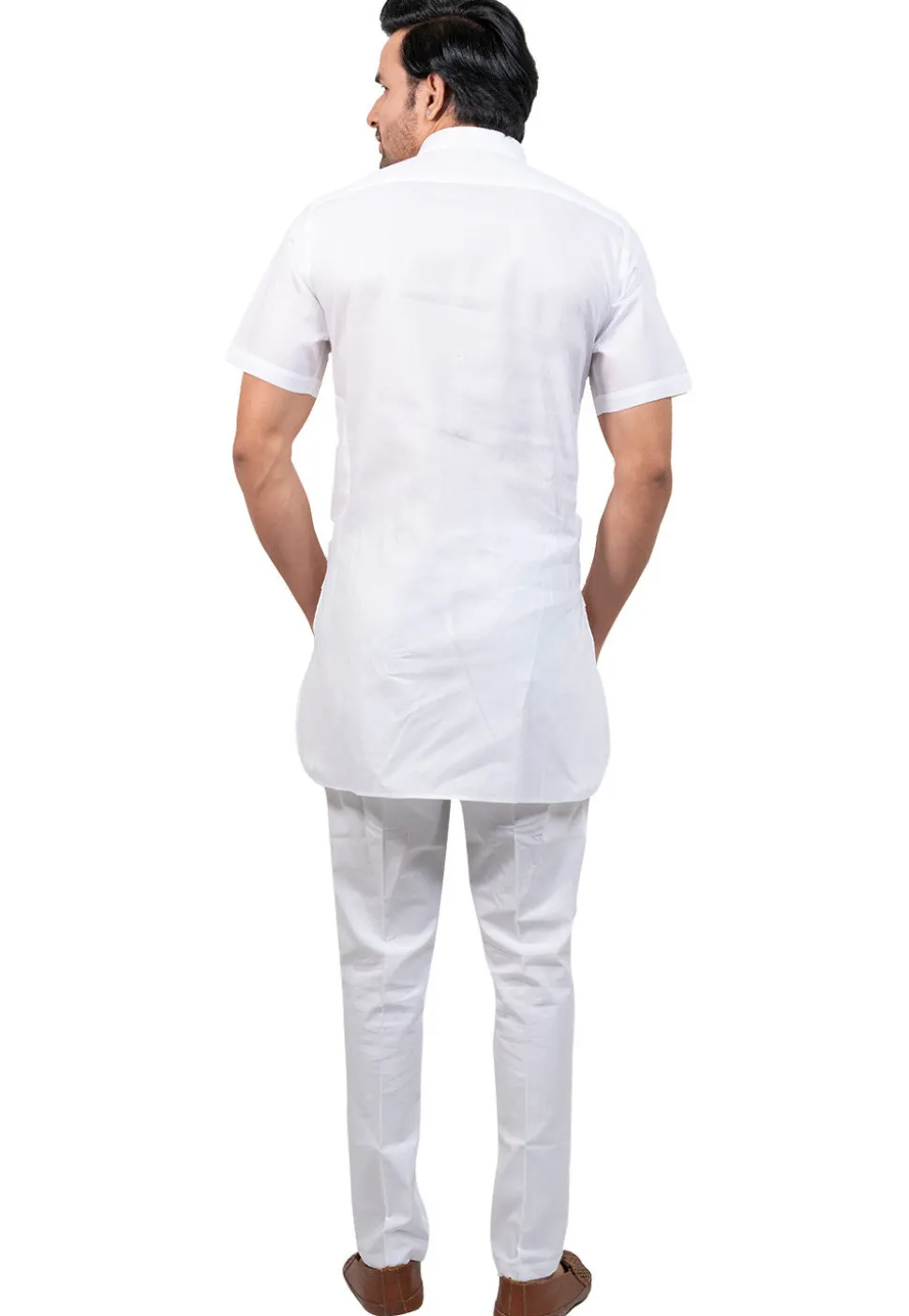 Solid Color Cotton Kurta Set in White