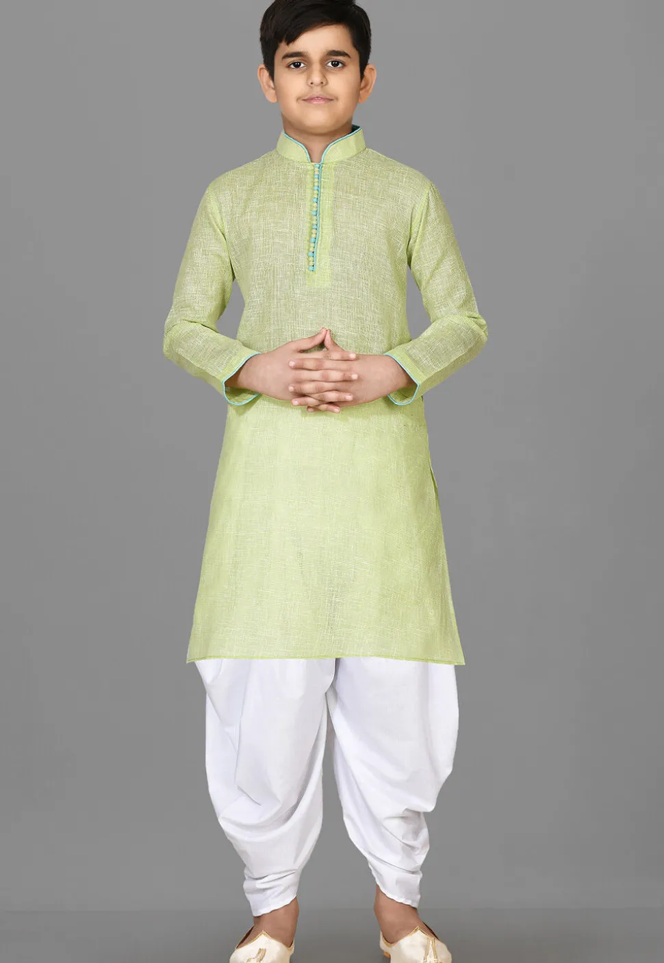 Solid Color Cotton Kurta Set in Light Green