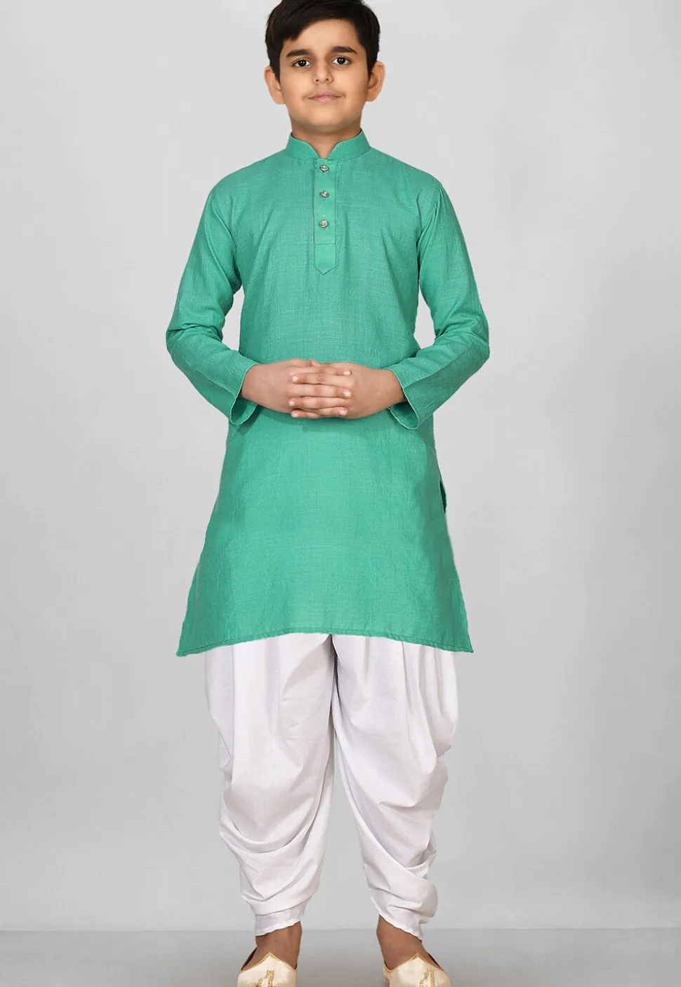 Solid Color Cotton Kurta Set in Light Teal Green