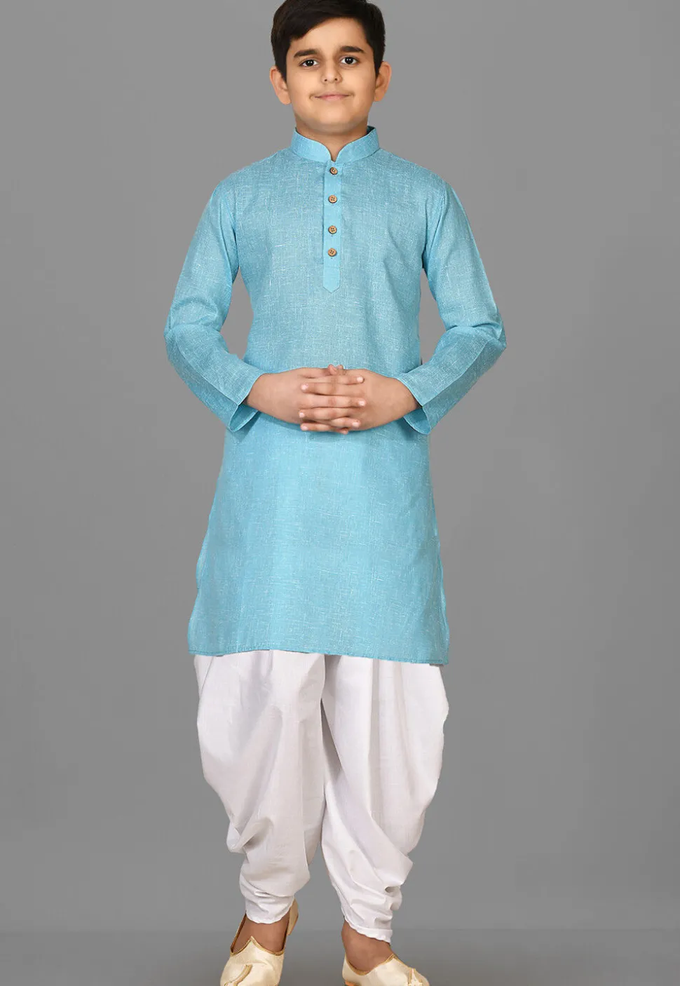 Solid Color Cotton Kurta Set in Sky Blue