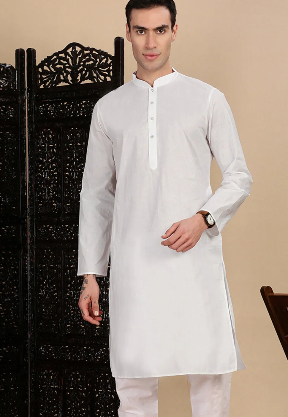 Solid Color Cotton Kurta in Off White