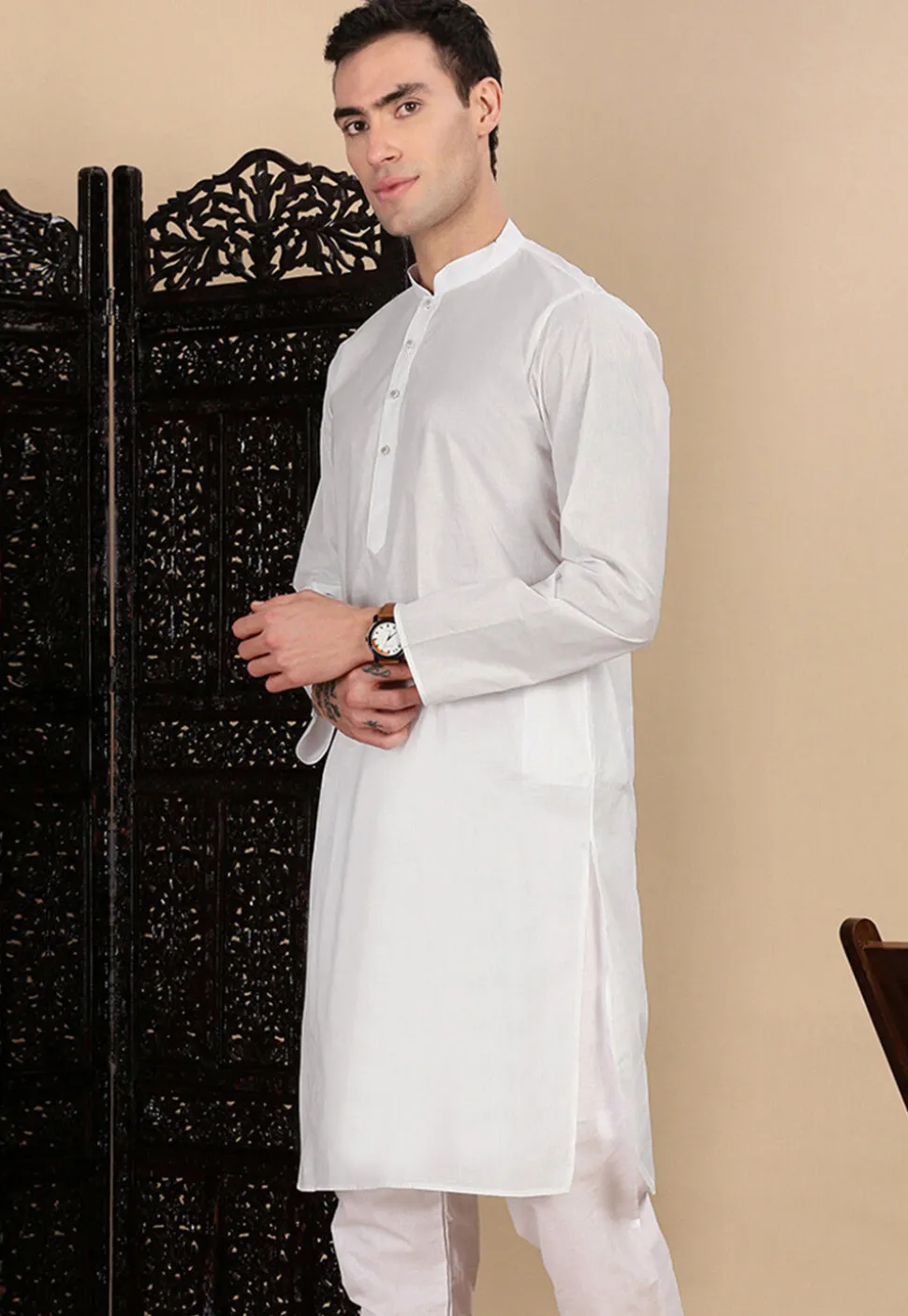 Solid Color Cotton Kurta in Off White