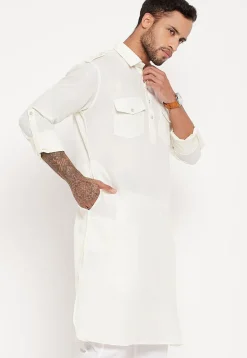 Solid Color Cotton Kurta Set in White