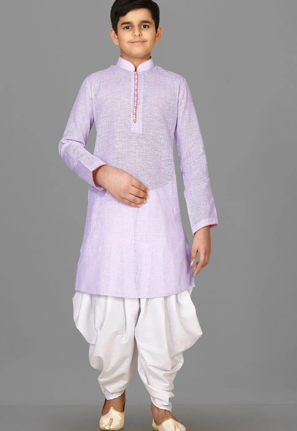 Solid Color Cotton Kurta Set in Light Purple