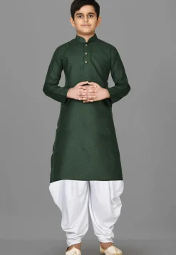 Solid Color Cotton Kurta Set in Dark Green