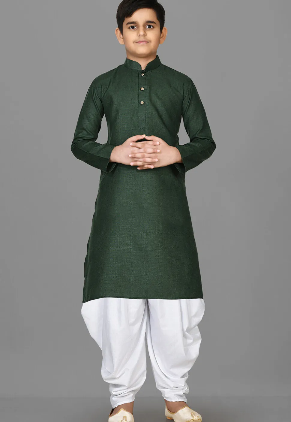Solid Color Cotton Kurta Set in Dark Green