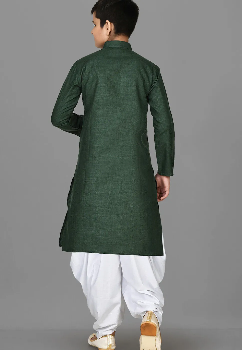 Solid Color Cotton Kurta Set in Dark Green
