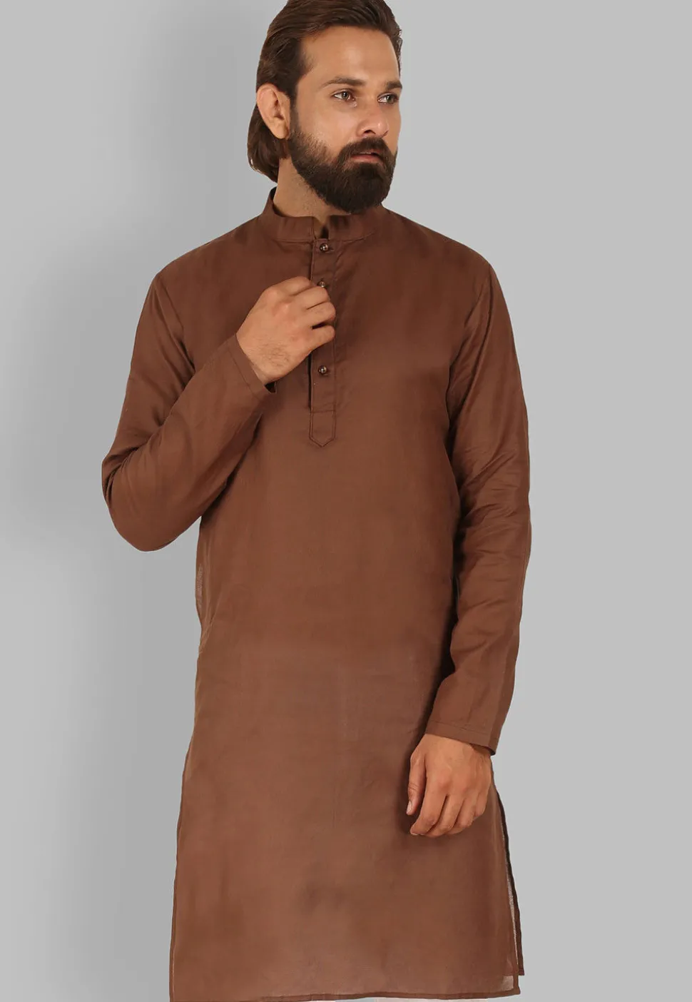 Solid Color Cotton Kurta in Brown