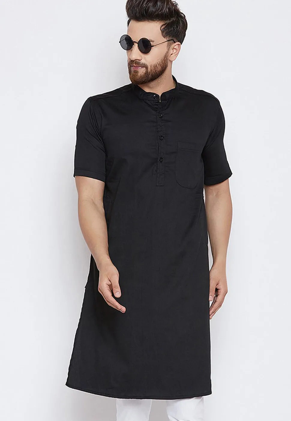 Solid Color Cotton Kurta in Black