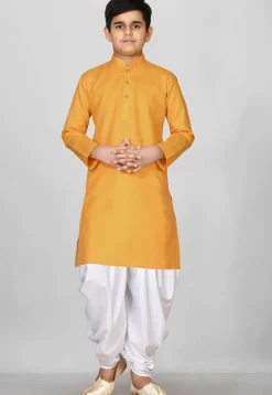 Solid Color Cotton Kurta Set in Mustard
