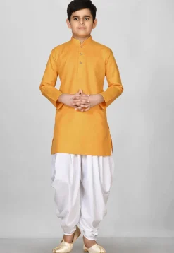 Solid Color Cotton Kurta Set in Mustard