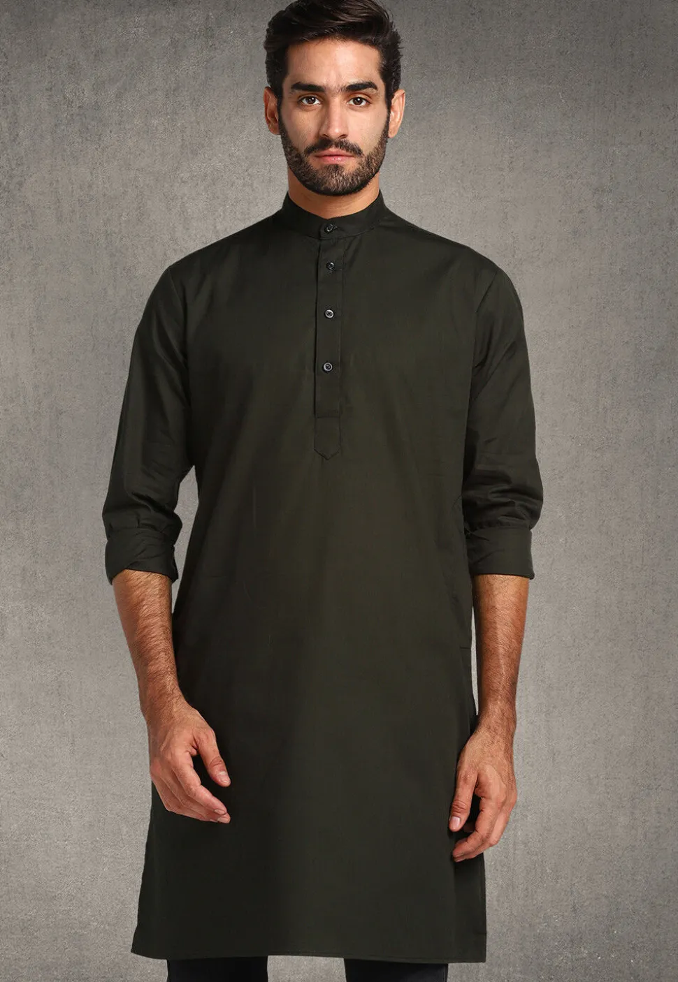 Solid Color Cotton Kurta in Dark Olive Green