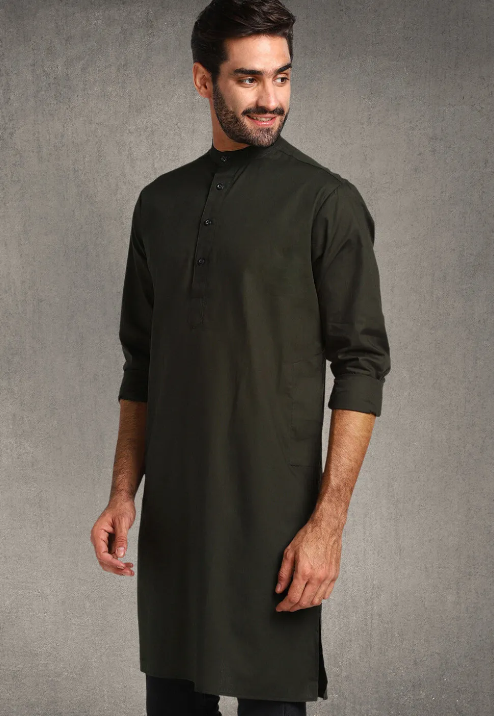 Solid Color Cotton Kurta in Dark Olive Green