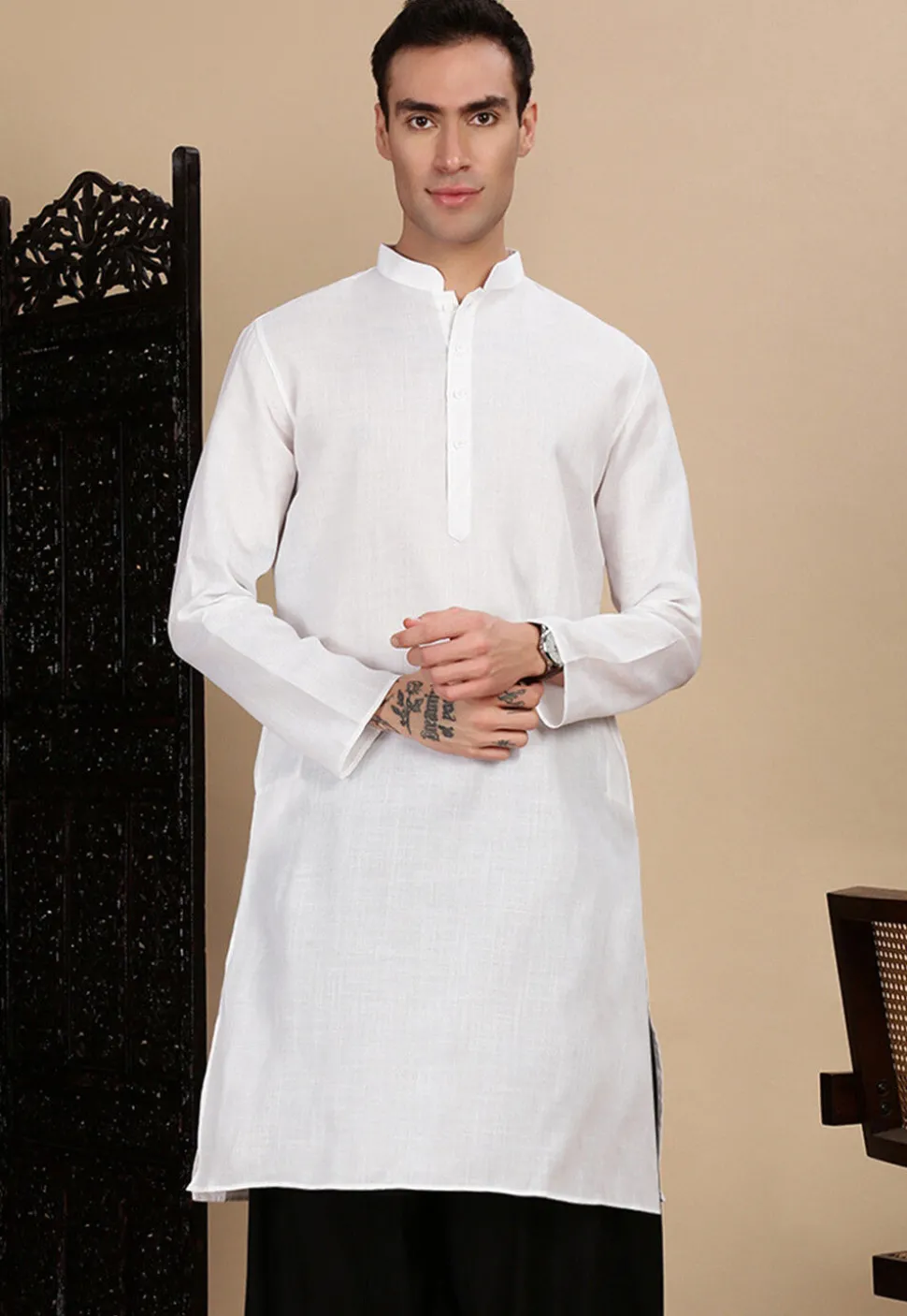 Solid Color Cotton Kurta in White