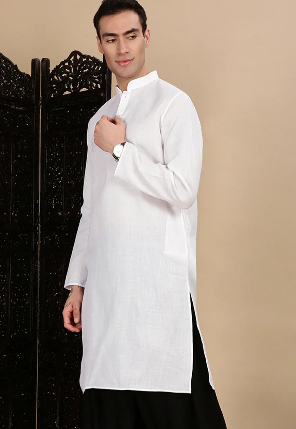 Solid Color Cotton Kurta in White