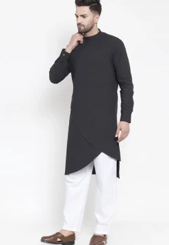 Solid Color Cotton Kurta Set in Black