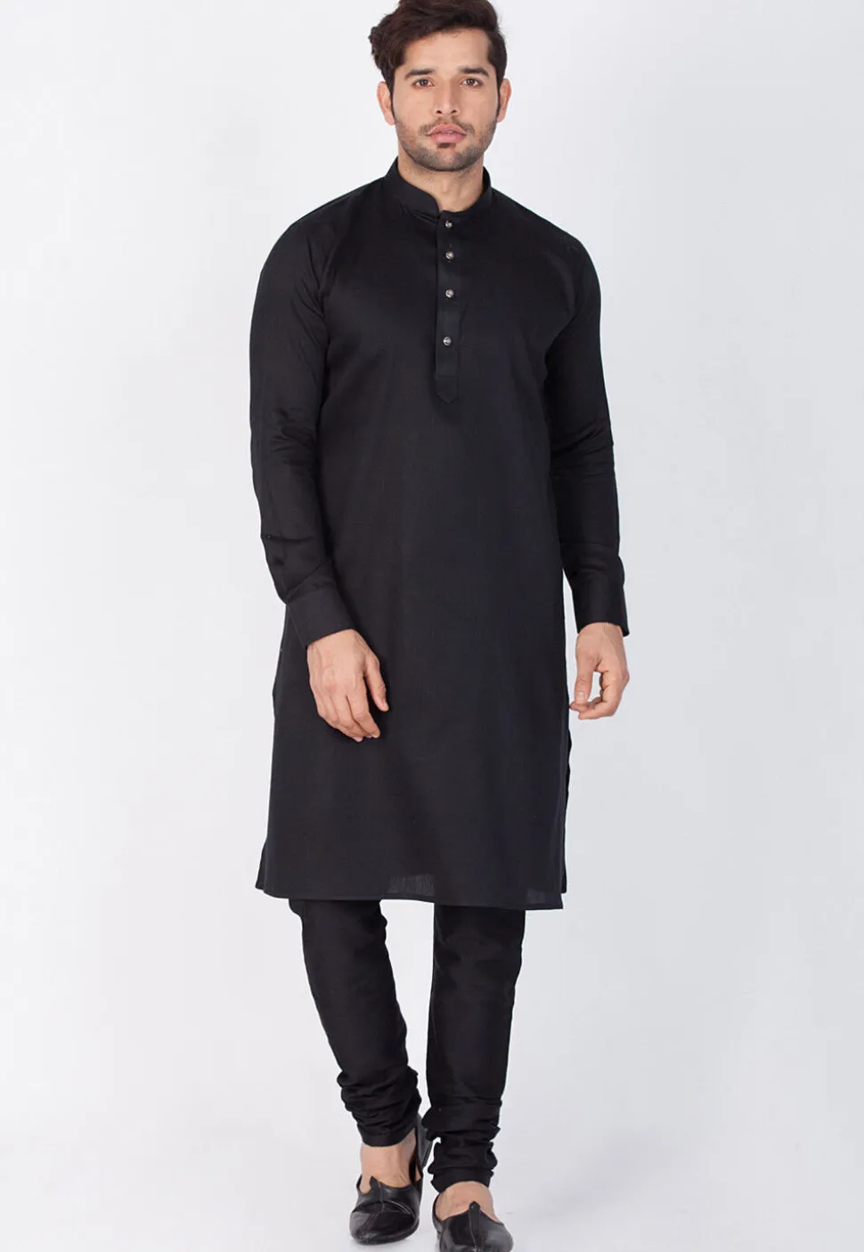 Solid Color Cotton Kurta Set in Black